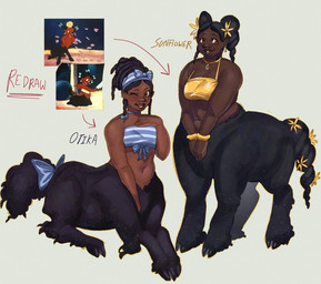 accessory bare_shoulders bent_legs black_body black_fur black_hooves black_tail blue_bow bow_ribbon bra bracelet brown_body brown_eyes brown_lips brown_skin caricature closed_smile clothing clothing_bow digitigrade dreadlocks duo ear_piercing female flat_chested floral_print flower flower_in_hair flower_in_tail fur furgonomics hair hair_accessory hair_bow hair_ribbon hair_tie halter_top hand_on_chest hands_together hooves jewelry kinky_hair lips looking_at_viewer lying medium_hair midriff mouth_closed navel necklace not_furry on_front one_eye_closed overweight overweight_female overweight_taur pattern_bra pattern_clothing pattern_topwear pattern_underwear piercing plant racial_caricature redesign ribbons screencap slim_female smile standing striped_bra striped_clothing striped_topwear striped_underwear stripes tail tail_accessory tail_bow tail_ribbon text topwear twintails_(hairstyle) underwear wide_hips wink winking_at_viewer yellow_bra yellow_bracelet yellow_clothing yellow_flower yellow_jewelry yellow_necklace yellow_underwear young young_taur wolfertinger disney european_mythology fantasia greek_mythology mythology centaur equid equid_taur humanoid_taur mammal mammal_taur taur 2026 character_name digital_media_(artwork) english_text hi_res reference_image shaded soft_shading