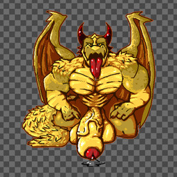 anthro balls big_balls big_muscles big_penis bodily_fluids checkered checkered_background erection foreskin front_view genital_fluids genitals horn huge_balls huge_penis humanoid_genitalia humanoid_penis kneeling looking_at_viewer male membrane_(anatomy) membranous_wings muscular muscular_male nude pattern_background pecs penis precum scales simple_background solo tail tongue tongue_out vein veiny_penis wings yellow_body yellow_scales velvetdraw mythology dragon mythological_creature mythological_scalie scalie 1:1 absurd_res digital_media_(artwork) hi_res pixel_(artwork)