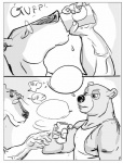 anthro bear bear_boy_(furronika) beverage border can canid canine canis clothing comic container dialogue domestic_dog drinking duo empty_speech_bubble eyewear food furronika glasses greyscale male male/male mammal monochrome shirt speech_bubble tank_top topwear white_border