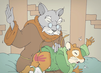 anthro bodily_fluids butt butt_slap clothed clothing corporal_punishment discipline eyes_closed hand_print hand_print_on_butt on_lap over_knee partially_clothed reddened_butt slap spank_marks spanked_butt spanking sweat sweatdrop underwear underwear_down young nelson88 nelvana redwall abbot_mortimer matthias_(redwall) mammal mouse murid murine rodent