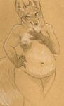 anthro belly breasts female looking_at_viewer nipples nude overweight overweight_anthro overweight_female solo standing cadmiumtea canid canine fox mammal traditional_media_(artwork)