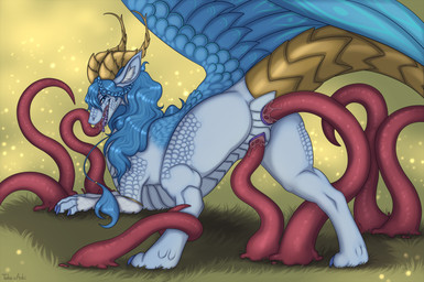 all_three_filled anal anal_penetration blue_body blue_claws claws double_penetration female feral horn looking_back oral oral_penetration penetration sex solo tail tentacle_sex tentacles vaginal vaginal_penetration wings yellow_tail a.o.kigahara_(artist) taka_(artist) mythology dragon mythological_creature mythological_scalie scalie artist_collaboration hi_res