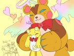 anthro blue_eyes bow_tie group halo heart_symbol male plushie seam_(sewing) slime teddy_bear text wings kasuga_dn bandai_namco digimon agumon animate_inanimate digimon_(species) gabumon living_plushie monzaemon monzaemon_x 4:3 japanese_text