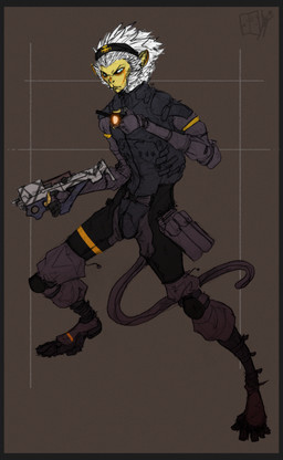 5_fingers abstract_background anthro armor biped blue_eyes clothed clothing cyberpunk facial_markings fingers frown fur gun hair head_markings kerchief long_hair male markings ranged_weapon simple_background solo standing weapon white_body white_fur white_hair lethal_doors aibo haplorhine mammal monkey primate 2014