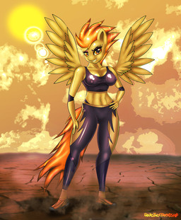 abs anthro anthrofied biped breasts brown_eyes cleavage clothed clothing cloud desert elbow_pads eyeshadow feathered_wings feathers female hair lens_flare makeup multicolored_hair navel nipple_outline orange_hair outside panties sky solo standing sun thong two_tone_hair underwear wings yellow_body yellow_feathers sixpathoffriendship friendship_is_magic hasbro my_little_pony mythology spitfire_(mlp) wonderbolts_(mlp) equid equine mammal mythological_creature mythological_equine pegasus 2014 absurd_res digital_media_(artwork) hi_res