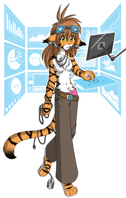 4_toes 5_fingers anthro barefoot being_watched belly biped black_tail_tip bottomwear breasts brown_hair brown_nose casual_exposure chest_tuft claws clothed clothing computer computer_mouse computer_screen countershading detailed_background digitigrade dipstick_tail drawing_tablet ears_back electronics eyewear eyewear_on_head featureless_breasts feet female fingers floor fur glasses hair holding_object long_hair looking_at_another male markings monitor multicolored_body multicolored_fur multicolored_tail on_one_leg orange_body orange_fur pants partially_clothed paws pen pivoted_ears pupils raised_leg screen simple_background slit_pupils small_breasts smile solo standing striped_body striped_fur stripes tail tail_markings technology text toes topless tuft two_tone_body two_tone_fur underwear white_background white_belly white_body white_fur yellow_eyes conditional_dnp tom_fischbach twokinds flora_(twokinds) trace_legacy felid human keidran mammal pantherine tiger 2011 colored digital_media_(artwork) english_text