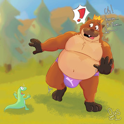 anthro belly big_belly brown_body bulge clothing crown duo headgear king male overweight overweight_male royalty standing surprised underwear dattieonhice disney hoppers_(disney) pixar king_george_(hoppers) beaver mammal rodent 1:1 2026 hi_res