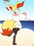 3:4 anthro balls beach big_balls big_breasts bouncing_breasts braixen breasts canid canine detailed_background fibs fluffy fluffy_tail generation_6_pokemon genitals gynomorph hi_res huge_breasts intersex mammal nintendo nipples nude outside pokemon pokemon_(species) sand seaside sky solo tail text water white_balls
