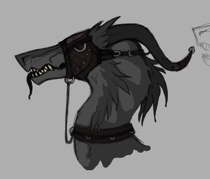 ambiguous_gender blindfold collar covered_eyes curved_horn d-ring fangs feral horn sharp_teeth simple_background solo teeth tongue tongue_out cryptidbits mythology dragon mythological_creature mythological_scalie scalie