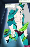 abs anthro belly biceps blue_body clothing dialogue erection genitals green_eyes green_nipples green_penis knot knotted_penis locker_room male muscular muscular_male nipples obliques pecs penis profanity serratus smile solo text underwear white_belly edbwolf canid canine fox mammal absurd_res english_text hi_res