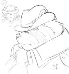 anthro blush clothing covering covering_eyes covering_face embarrassed fedora hat headgear headwear male overweight overweight_male shy solo pochizizi lifewonders live_a_hero shoen canid canine mammal raccoon_dog tanuki monochrome sketch