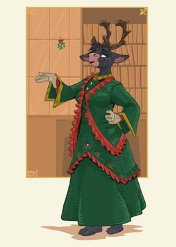 anthro antlers barefoot dark_body dark_fur dark_hair ears_down feet female fur horn looking_at_viewer mistletoe pivoted_ears plant raised_hand smile smiling_at_viewer solo mawkvlt hi_res