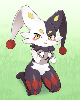 anthro black_body black_fur black_legs fingers fur iris kneeling open_mouth pupils red_body red_legs solo white_arms white_body white_fingers white_fur white_hands yellow_eyes sum palworld pocketpair dupin_(pal) pal_(species) 2026 absurd_res hi_res