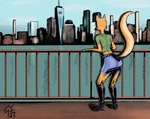 anthro boots bottomwear butt city cityscape clothing female footwear freedom_tower high_heeled_boots high_heels modern_architecture new_york_city rear_view sea shirt shoes shorts sky skyline solo t-shirt topwear water world_trade_center sacrificabominat sek_studio squirrel_and_hedgehog lt._fox_vixen canid canine fox mammal absurd_res hi_res