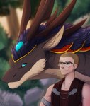 ambiguous_gender blue_eyes brown_eyes clothed clothing duo eyewear fur glasses hair horn male smile silvyr mythology dragon human mammal mythological_creature mythological_scalie scalie 2021 digital_media_(artwork) hi_res