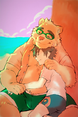 anthro band-aid bandage beach biped bottomwear brown_hair bulge chest_tuft clothed clothing detailed_background duo eyes_closed eyewear fur glasses hair male male/male open_clothing open_shirt open_topwear sand sea seaside shirt sunset topwear tuft water heylaw21 lifewonders tokyo_afterschool_summoners protagonist_(tas) twink_protagonist_(tas) volos_(tas) bear human mammal 2019 absurd_res hi_res