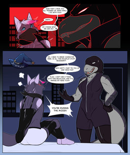 angry anthro armbinder arms_tied balaclava bdsm bed binder_(restraint) black_bodysuit black_clothing black_gloves black_handwear black_legwear black_skinsuit black_thigh_highs blue_eyes blush bodysuit bondage bondage_gear boots bound clothed clothed_anthro clothed_female clothing dialogue dominant dominant_female duo female flustered footwear furniture gag gloves handwear inside larger_female leather legs_tied legwear male mask muscular muscular_female otn_gag restraints roleplay romantic romantic_couple shoes size_difference skinsuit smaller_anthro smaller_male speech_bubble submissive submissive_male tape text thigh_boots thigh_highs tight_clothing tight_suit underwear window trevhart jim_marten rachel_varex dinosaur felid feline mammal prehistoric_species reptile saurischian scalie theropod tyrannosaurid tyrannosauroid tyrannosaurus tyrannosaurus_rex 2026 absurd_res comic english_text hi_res