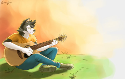acoustic_guitar anthro eyewear glasses guitar male musical_instrument plucked_string_instrument solo string_instrument ambrecream canid canine canis domestic_dog husky mammal nordic_sled_dog spitz hi_res