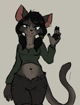 accessory anthro bottomwear clothing crop_top crotch_lines ear_piercing ear_stud female green_eyes hair_accessory hairband piercing raised_tail shirt shorts solo tail topwear unbuttoned_pants muhny domestic_cat felid feline felis mammal 2022