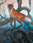 ambiguous_gender black_nose feral fur looking_at_viewer nature no_pupils orange_body orange_fur outside plant solo tree white_eyes ivan-kovalevskiy canid canine fox mammal 2018 oil_painting_(artwork) painting_(artwork) traditional_painting_(artwork)