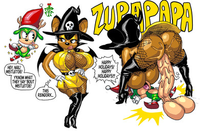 annoyed anthro antlers balls big_balls big_breasts big_butt big_penis black_body black_fur boots breasts brown_body butt christmas_clothing christmas_headwear clothing dress duo female fishnet_clothing fishnet_legwear floating footwear fur genitals gloves green_body green_fur hand_on_hip handwear hat headgear headwear high_heeled_boots high_heels holidays horn huge_balls huge_penis legwear lips long_ears male male/female penis santa_hat sex shoes size_difference smaller_male speech_bubble text thick_lips thigh_boots thigh_highs thought_bubble torn_clothing wings witch_hat goudadunn christmas bat deer mammal new_world_deer reindeer absurd_res english_text hi_res