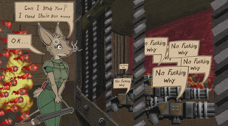 anthro armor bodily_fluids brown_body brown_fur cage corpse crooked_whiskers dialogue double-barreled_shotgun eyelashes female fire flower_on_head fur gatling_gun gun imminent_death machine_gun missile ranged_weapon shotgun solo talking_object tears text weapon whiskers gompami doom_(series) id_software microsoft daisy_(doom) lagomorph leporid mammal rabbit 2025 english_text hi_res
