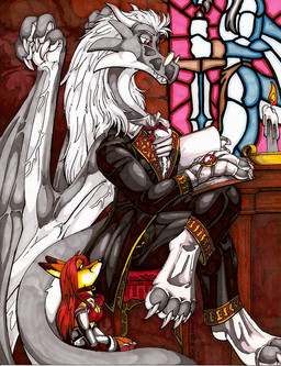 anthro book church classy duo feet female hair hindpaw male paws reading red_hair size_difference tail white_hair fenrir_lunaris mythology canid canine dragon fox mammal mythological_creature mythological_scalie scalie marker_(artwork) traditional_media_(artwork)