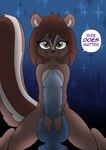 5_fingers anthro brown_body brown_fur brown_hair brown_nose dildo female fingers fur green_eyes hair kneeling knot knotted_dildo multicolored_body multicolored_fur sex_toy smile solo text young joykill mammal mephitid skunk english_text hi_res