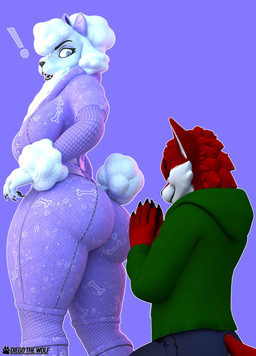 anthro big_breasts big_butt blue_bottomwear blue_clothing blue_eyes blue_pants bottomwear breasts butt clothing confuse duo exclamation_point female fur green_clothing hair happy kneeling male pants purple_clothing red_body red_hair short_ears short_hair short_tail tail white_body white_fur white_hair diegothewolf twilightv0ids_(modeler) epic_games fortnite diego_(diegothewolf) lady_poodlina canid canine canis mammal wolf 3d_(artwork) absurd_res blender_(artwork) blender_cycles_(artwork) digital_media_(artwork) hi_res