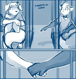 anthro bars blue_background bodily_fluids cage clothed clothing collar crying curled_up duo fur gloves_(marking) hand_holding male markings prisoner sad simple_background sitting slave tears young young_anthro conditional_dnp tom_fischbach twokinds evals mike_(twokinds) canid canine canis domestic_dog fox keidran mammal red_fox true_fox 2017 adobe_photoshop_(artwork) blue_and_white digital_media_(artwork) hi_res monochrome sketch