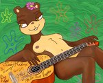 abstract_background accessory anthro autograph breasts brown_body brown_fur buckteeth character_signature female flower flower_cloud_(spongebob) flower_in_hair fur guitar hair hair_accessory looking_away lying musical_instrument nipples nude on_back plant plucked_string_instrument smile solo string_instrument teeth text hrisaura nickelodeon spongebob_squarepants sandy_cheeks mammal rodent sciurid tree_squirrel 5:4