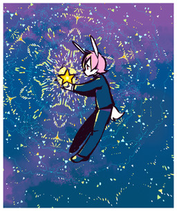 anthro border fur hair male pink_hair red_eyes slim_anthro slim_male solo star white_body white_border white_fur oouyuki_benten lagomorph leporid mammal rabbit 2015