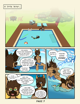 adolescent anthro blep blue_eyes bulge clothed clothing dialogue dipstick_snout eyewear fluffy fluffy_tail glasses green_eyes male male_anthro muscular muscular_male muscular_young nipples outside page_number partially_clothed speech_bubble swimming_pool swimming_trunks swimwear tail text tongue tongue_out topless topless_anthro topless_male young young_anthro young_male frostedchase chase_(frostedchase) max_(frostedchase) canid canine canis domestic_dog german_shepherd herding_dog mammal pastoral_dog comic english_text hi_res brother_(lore) brothers_(lore) sibling_(lore)