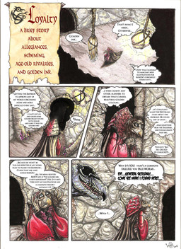 anthro beak clothed clothing dialogue duo elderly fangs fully_clothed gown inside multi_limb renaissance_clothing speech_bubble teeth text skekla_(artist) the_dark_crystal skekla_the_illustrator skekna_the_slave_master alien skeksis 2015 comic english_description english_text first_page hi_res signature herm_(lore)
