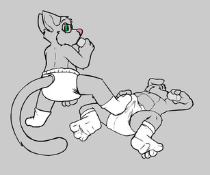 anthro clothed clothing diaper diaper_only duo erection erection_in_diaper male rubbing_diaper topless wearing_diaper onykr canid canine canis domestic_cat domestic_dog felid feline felis mammal 6:5 animated no_sound short_playtime video
