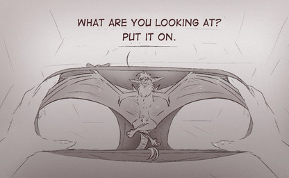 clothing crossed_legs disembodied_hand feral first_person_view head_tuft inside_clothing inside_underwear male membrane_(anatomy) membranous_wings micro neck_tuft panties sitting smile solo_focus text tuft underwear wings shadarrius jasper_(shadarrius) bat mammal english_text greyscale hi_res monochrome