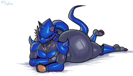 anthro big_butt bottom_heavy butt huge_butt hyper hyper_butt lying machine male nude on_front simple_background smug solo tail thick_thighs white_background wide_hips uromatsu mythology kraid_bot_(lurkerkraid) dragon mythological_creature mythological_scalie robot scalie digital_media_(artwork) hi_res