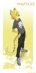 anthro ayato biped blonde_hair blue_eyes bottomwear clothed clothing domestic_cat felid feline felis footwear fur hair hand_on_hip long_tail looking_at_viewer male mammal maza_rau pants punk shirt shoes simple_background smile solo source_request standing tail topwear white_background yellow_background yellow_body yellow_fur