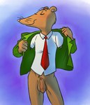 anthro bottomless brown_body brown_fur clothed clothing crotch_tuft eyes_closed flaccid fur genitals green_clothing green_jacket green_topwear humanoid_genitalia jacket male mouth_closed necktie penis pink_nose red_necktie shirt smile solo tattoo topwear tuft undressing whiskers white_clothing white_shirt white_topwear unknown_artist arthur_(series) nigel_ratburn brown_rat mammal murid murine rat rodent hi_res