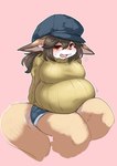 anthro belly big_belly big_breasts blue_bottomwear blue_clothing blue_hat blue_headwear blue_shorts bodily_fluids bottomwear breasts brown_body brown_fur brown_hair clothing dipstick_ears ear_markings eyebrows female fluffy fluffy_tail fur hair hands_behind_back hat headgear headwear inner_ear_fluff looking_at_viewer multicolored_ears navel_outline newsboy_cap open_mouth overweight overweight_anthro overweight_female pink_background red_eyes shorts simple_background solo sweat sweatdrop sweater tail tan_body tan_fur thick_thighs tight_clothing tight_sweater tight_topwear topwear tuft white_body white_fur yellow_clothing yellow_sweater yellow_topwear koishi_chikasa lisa_(koishi_chikata) canid canine fox mammal absurd_res hi_res portrait three-quarter_portrait
