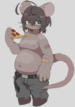 4_fingers anthro before_and_after belt blush blush_lines bodily_fluids bottomwear clothed clothing collarbone crotch_lines eye_patch eyewear fingers food hair holding_food holding_object male moobs mouse_ears mouth_closed navel neutral_expression nipples overweight overweight_male pants pizza pizza_slice rat_tail scar simple_background solo sweat sweatdrop tail topless weight_gain whiskers si_ra_ta_ma3 mammal mouse murid murine rat rodent hi_res shaded simple_shading