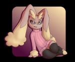 anthro biped clothed clothing eyewear feet glasses gradient_background legwear open_mouth simple_background solo stockings sweater teeth toes topwear transparent_background yorusagi nintendo pokemon generation_4_pokemon lagomorph lopunny mammal pokemon_(species) 2018 alpha_channel hi_res