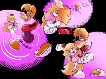 5_fingers anthro bent_arm big_nose black_eyes blonde_hair blue_ear_piercing blue_eyes blush blushing_profusely bottomless bottomless_anthro bottomless_female buckteeth carrying_another carrying_partner clothed clothed_anthro clothed_female clothed_humanoid clothed_male clothing crown dancing duo ear_piercing featureless_legs female female_anthro fingers floating_hands floating_head floating_torso footwear fur gem hair half-closed_eyes hand_on_face hand_pawpads headgear heart_symbol hoodie inner_monologue interspecies light long_hair love male male/female male_humanoid mitten_hands narrowed_eyes noseless one_eye_closed open_mouth open_smile pawpads piercing pink_background pink_clothing pink_shirt pink_topwear purple_clothing purple_hoodie purple_topwear red_tongue romantic romantic_couple ruby_(gem) sapphire_(gem) shirt shoes short_hair simple_background smile smiling_at_another smiling_at_each_other smiling_at_partner smiling_at_viewer tan_pawpads teeth text thinking tongue tongue_out topwear white_body white_fur yellow_clothing yellow_footwear yellow_shoes flamigoat mario_bros mario_plus_rabbids_kingdom_battle mario_plus_rabbids_sparks_of_hope nintendo raving_rabbids rayman_(series) ubisoft rabbid_peach rayman humanoid lagomorph mammal rabbid raypeople_(rayman) 2024 artist_name colored crossover digital_drawing_(artwork) digital_media_(artwork) english_description hi_res lighting multiple_scenes shaded
