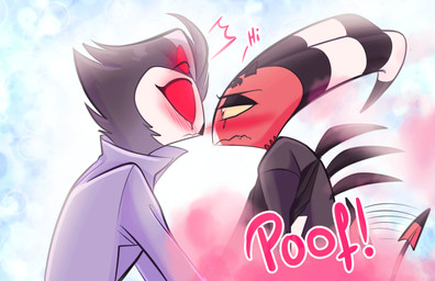 4_eyes after_kiss anthro back_spines beak black_beak blue_background blush blush_lines canon_couple clothed clothing dialogue duo eye_contact eyebrows eyelashes facial_markings feather_hair feathers forehead_markings frown glowing glowing_eyes grey_body grey_feathers half-closed_eyes head_markings holding_another horn looking_at_another male male/male markings multi_eye multicolored_body narrowed_eyes no_pupils onomatopoeia poof poof_effect poof_transformation pseudo_hair red_body red_sclera shirt simple_background size_difference smoke sound_effects spade_tail spines striped_horn striped_markings striped_tail stripes surprised tail tail_markings tail_motion tailwag text topwear transformation yellow_sclera zero_lawliet hellaverse helluva_boss blitzo_(helluva_boss) stolas_(helluva_boss) avian bird demon demon_humanoid horned_humanoid humanoid imp owl owl_demon absurd_res english_text hi_res