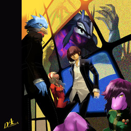 ambiguous_gender anthro blonde_hair blue_body blue_feathers brown_hair clothing electronics eyewear feathers female glasses green_eyes group hair hair_over_eyes headphones headphones_around_neck male pink_body pink_scales scales school_uniform uniform yellow_eyes dmidorito deltarune persona_(series) persona_4 undertale_(series) berdly kris_dreemurr noelle_holiday ralsei susie_(deltarune) avian bird bovid caprine deer goat human mammal new_world_deer reindeer scalie 1:1 crossover hi_res
