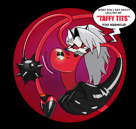 angry anthro big_breasts bodysuit breasts clothing elastic female hammer_arm huge_breasts latex latex_bodysuit latex_clothing latex_skinsuit morning_star_(weapon) profanity shapeshift skinsuit solo speech_bubble text tight_clothing weapon_arm wide_hips themadastronaut disney hellaverse helluva_boss mythology pixar the_incredibles helen_parr loona_(helluva_boss) canid canid_demon canine demon hellhound mammal mythological_canine mythological_creature 2025 digital_media_(artwork) english_text