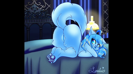 ahoge anthro ass_up bed bedroom bedroom_eyes blue_eyes blue_hair blue_tongue breast_squish breasts butt clitoris diamond_pupils female fur furniture genitals hair happy heart_ahoge hip_sway lamp looking_at_viewer looking_back lying narrowed_eyes nude on_bed on_front pawpads paws presenting seductive smile solo squish tail text thick_thighs tongue tongue_out vulva white_body white_fur wide_hips lunalaimoonglow vtuber lula_the_wolf(lunalaimoonglow) canid canine canis mammal wolf 2025 2d_animation animated artist_name colored frame_by_frame hi_res loop no_sound shaded short_playtime signature webm