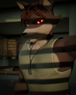 anthro armpit_showing biceps brown_body brown_fur brown_hair claws clothing dog_tags eyebrows fur hair inside looking_at_viewer male muscular orange_eyes shirt standing tank_top topwear coldwhim3d coldwhim canid canine fox mammal 3d_(artwork) digital_media_(artwork) hi_res