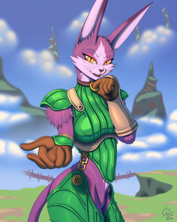 accessory anthro armor boots bottomless clothed clothing collar female fluffy_shoulders footwear fur garter legwear long_ears orange_eyes pupils purple_body purple_fur shoes slit_pupils solo thigh_boots thigh_highs whiskers white_body white_fur sacrificabominat .hack cyberconnect2 mia_(.hack) felid feline mammal hi_res