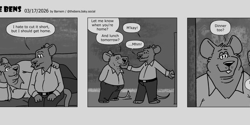 anthro bottomwear clothing dialogue duo furniture male male/male overweight overweight_male pants shirt sitting sofa standing text topwear barnem mammal murid murine rat rodent 2026 comic english_text hi_res monochrome